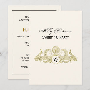 Invitation Paons vintage monogramme or faux ivoire BG