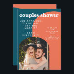Invitation Papaya rétro et Peacock Blue Photo Couples Douche<br><div class="desc">Des couples colorés et amusants s'invitent en bleu paon et en papaye avec une photo de la mariée et du marié à être.</div>