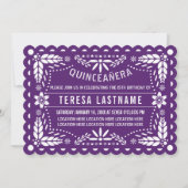 Invitation Pape blanc et violet picado Quinceañera (Devant)