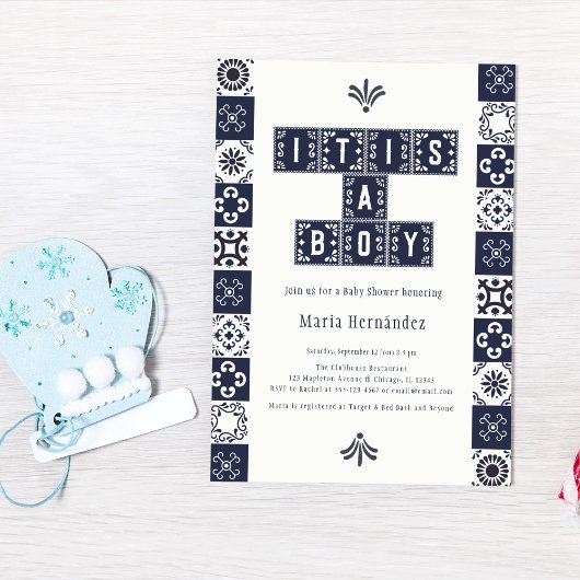 Invitation Papel bleu Picado Fiesta C'est un Baby shower garç