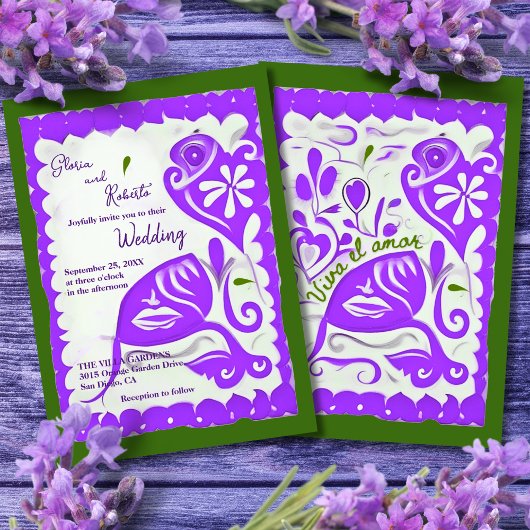 Invitation Papel de coeur floral violet Picado Mariage mexica