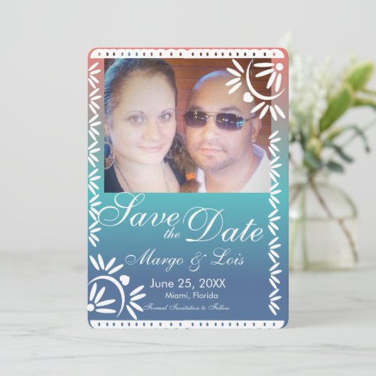 Invitation Papel mexicain Picado Gradient Enregistrer la date (Debout devant)