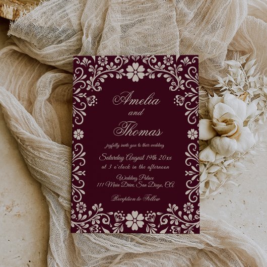 Invitation Papel Picado Burgundy Red Mexican Wedding 