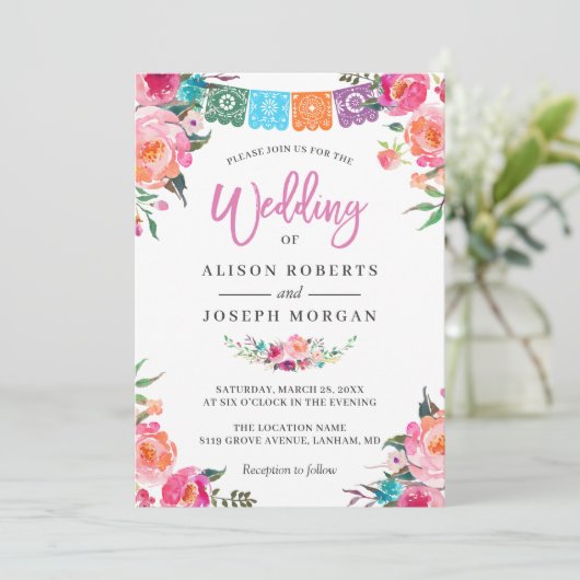 Invitation Papel Picado Fleurs en fleurs Mariage de style mex (Debout devant)