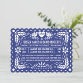 Invitation Papel picado inséparables bleu foncé mariage de fi (Debout devant)