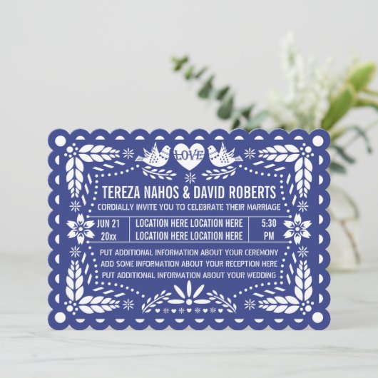 Invitation Papel picado inséparables bleu foncé mariage de fi (Debout devant)