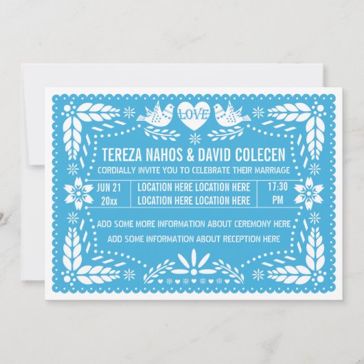 Invitation Papel picado inséparables bleu mariage (Devant)