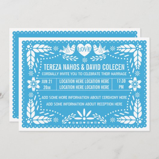Invitation Papel picado inséparables bleu mariage (Devant / Derrière)