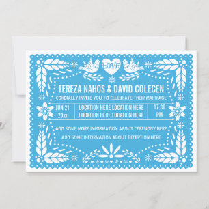 Invitation Papel picado inséparables bleu mariage