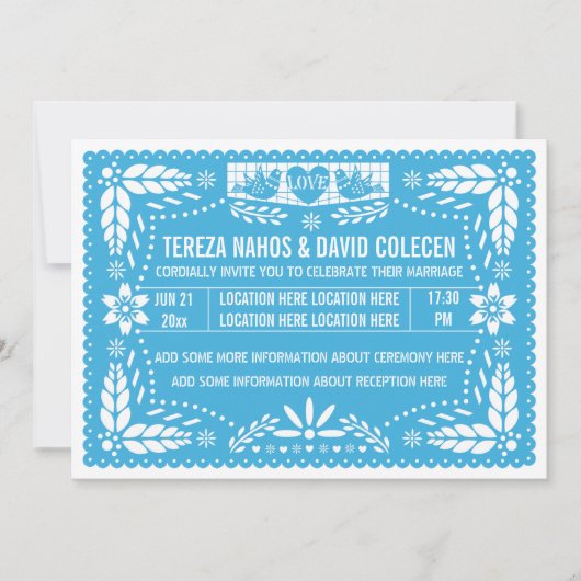 Invitation Papel picado inséparables bleu mariage (Devant)