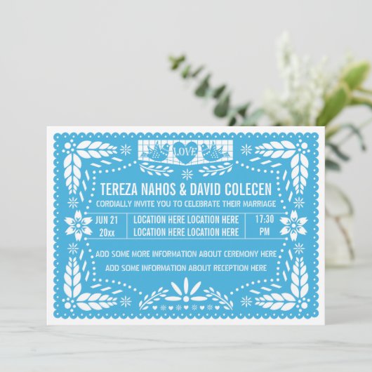 Invitation Papel picado inséparables bleu mariage (Debout devant)