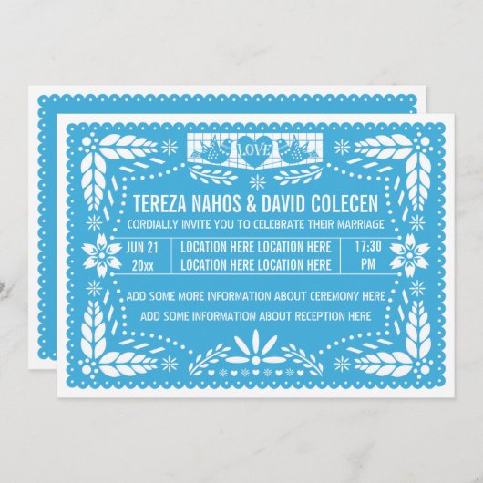 Invitation Papel picado inséparables bleu mariage (Devant / Derrière)