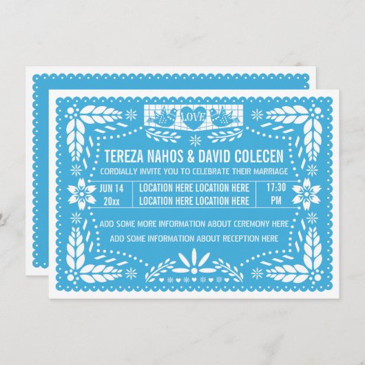Invitation Papel picado inséparables bleu mariage (Devant / Derrière)
