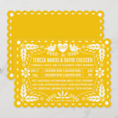 Invitation Papel picado inséparables jaune fiesta mariage (Devant / Derrière)
