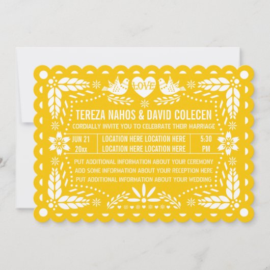 Invitation Papel picado inséparables jaune fiesta mariage (Devant)