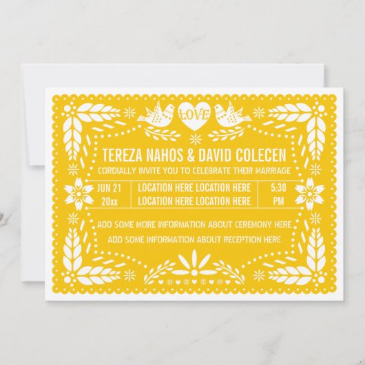 Invitation Papel picado inséparables mariage jaune (Devant)