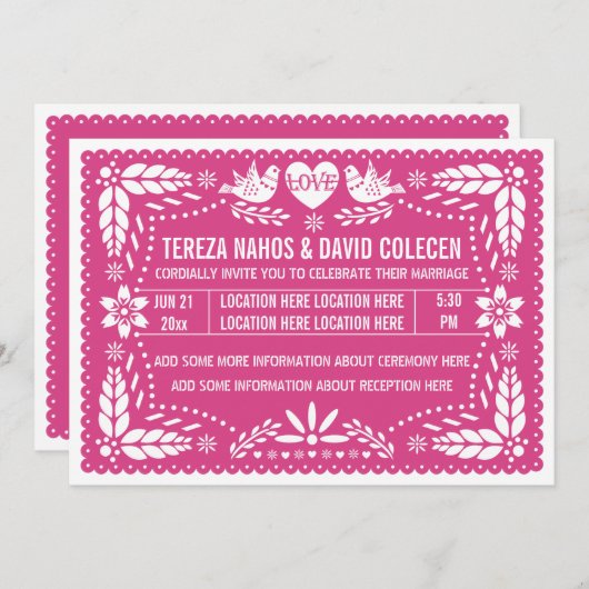 Invitation Papel picado inséparables mariage rose chaud (Devant / Derrière)