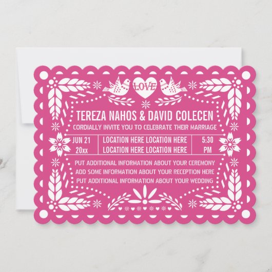 Invitation Papel picado inséparables rose fiesta mariage (Devant)