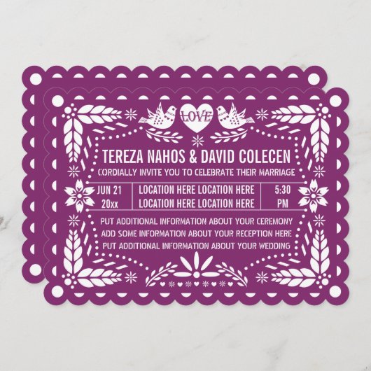 Invitation Papel picado inséparables violet fiesta mariage (Devant / Derrière)