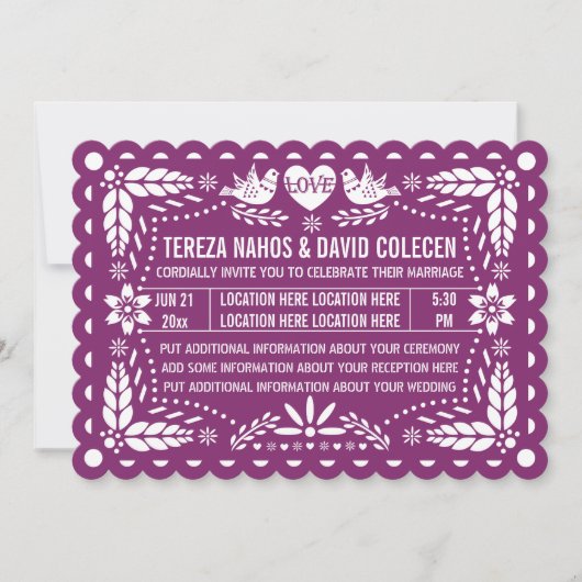 Invitation Papel picado inséparables violet fiesta mariage (Devant)