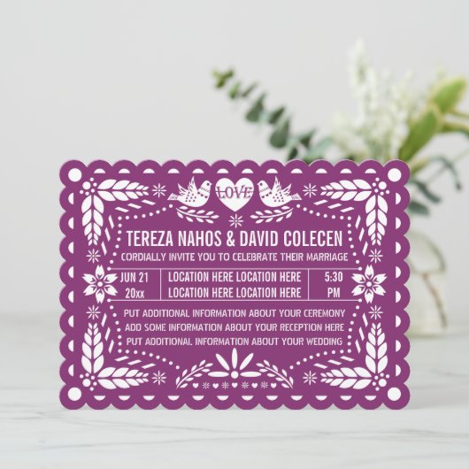 Invitation Papel picado inséparables violet fiesta mariage (Debout devant)