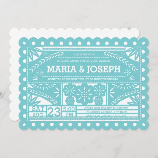 Invitation Papel Picado Mariage bleu (Devant / Derrière)