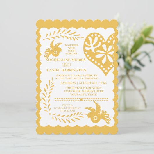 Invitation Papel Picado Mexicaine Fiesta Mariage Bannière Or (Debout devant)