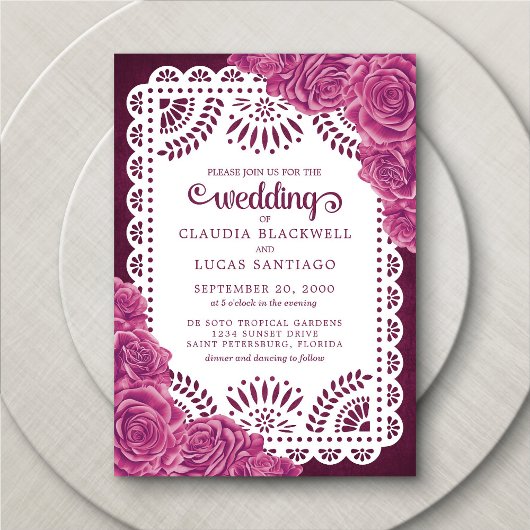Invitation Papel Picado Rose Pink Burgundy Mariage