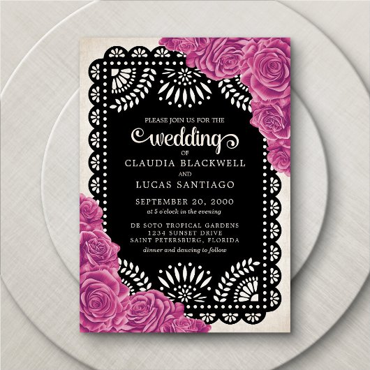 Invitation Papel Picado Rose rose noir Mariage