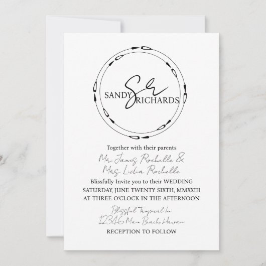Invitation Papeterie de mariage avec monogramme noir blanc cœ (Devant)