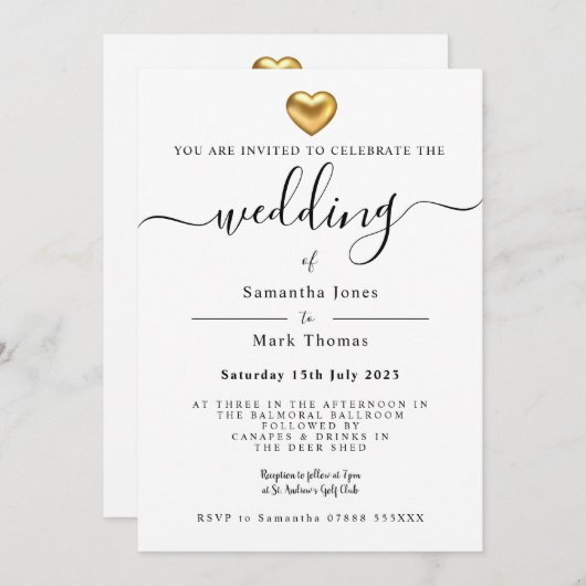 Invitation Papeterie Mariage Gold Heart simple et moderne (Devant / Derrière)