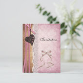 Invitation Papier Antique Rose Ruban Coeur (Debout devant)