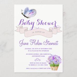 Invitation Papier aquarelle papillon lavande shower bébé rust
