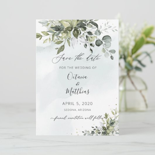 Invitation Papier Aquarelle Rustique Eucalyptus Verdure Enreg (Debout devant)
