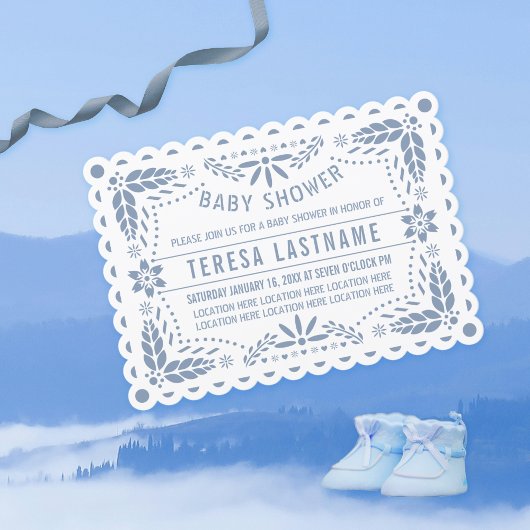 Invitation Papier bleu foncé picado blanc bébé douche