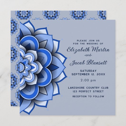 Invitation Papier bleu moderne coupé Mariage mandala (Devant / Derrière)