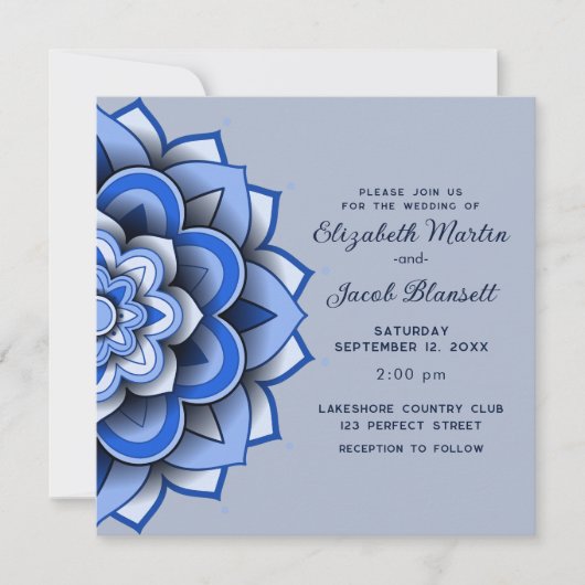 Invitation Papier bleu moderne coupé Mariage mandala (Devant)