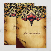 INVITATION PAPIER DAMASSÉ ET ROSES CORAIL ROSE (Devant / Derrière)