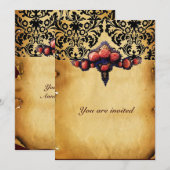 INVITATION PAPIER DE SOIE DAMAS ET ROSES DE CORAIL ROSE (Devant / Derrière)