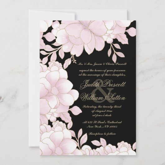 Invitation Papier doré noir rose clair élégant mariage floral (Devant)