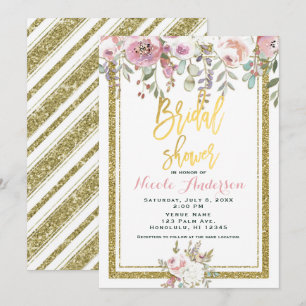Invitation Papier Doré Pailleté Moderne Fleurs Roses Mariage