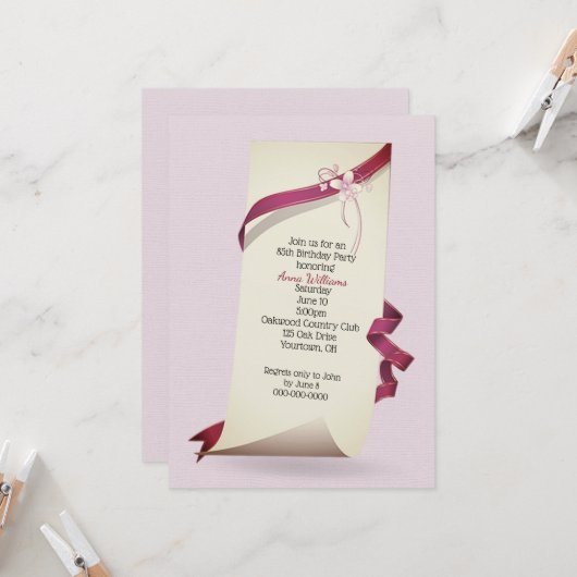 Invitation Papier Enroulé Pour Fête D'anniversaire 85 Ans (Devant/Arrière en situation)