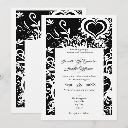 Invitation Papier floral noir et blanc coupé mariage (Devant / Derrière)