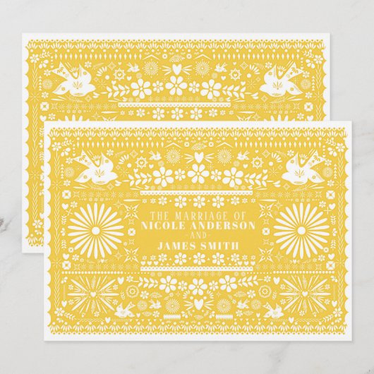 Invitation Papier Jaune Blanc Picado Mexicain Mariage (Devant / Derrière)