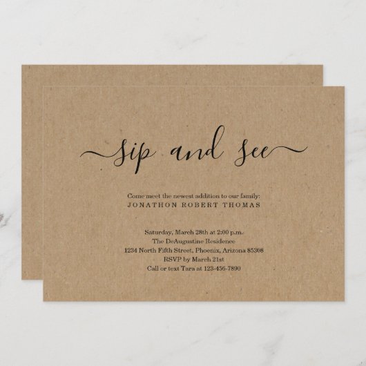 Invitation Papier Kraft neutre pour le genre Sip and See (Devant / Derrière)