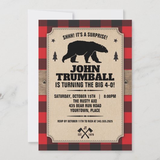 Invitation Papier Kraft Rustique Aspect Plaid de Buffalo avec (Devant)