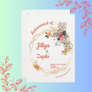 Invitation Papier Lin Blanc Elégant Orange Jaune Floral