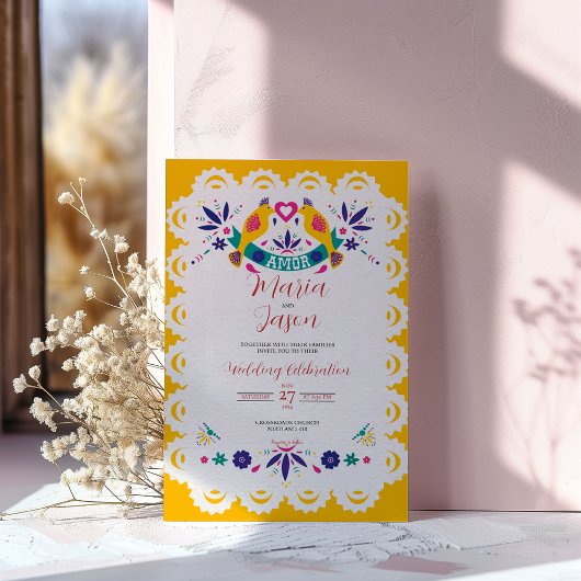 Invitation Papier mexicain Picado Jaune Nuestra Boda Mariage
