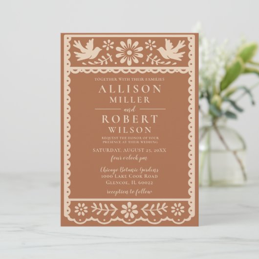Invitation Papier mexicain Picado Mariage en terre cuite (Debout devant)