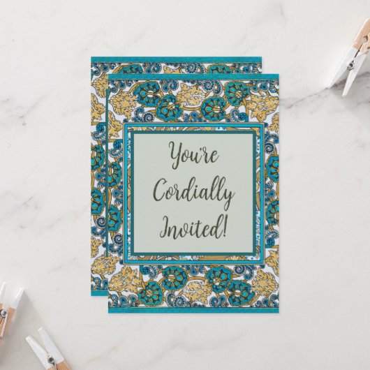 Invitation papier peint bleu art nouveau cyclamen (Devant/Arrière en situation)